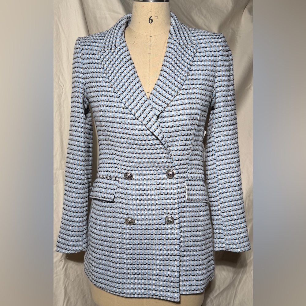 Women's Blue Tweed Double-Breasted Jacket